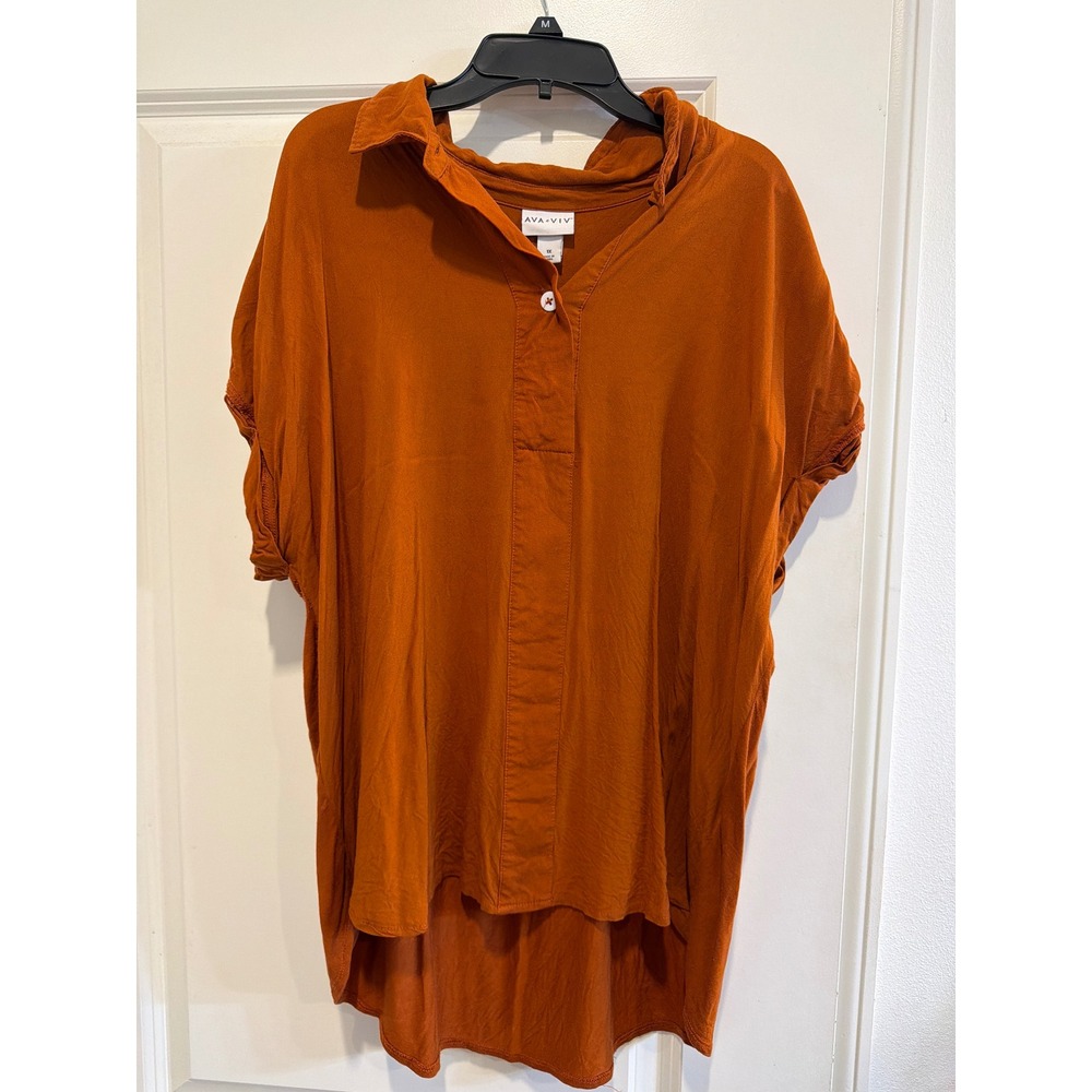 Ava & Viv Womens 1X Burnt Orange Rust High Low Henley Tunic Top Short Sleeve
